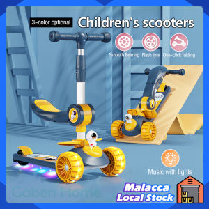 Kids Scooter Helmet Safety Knee Pads Wrist Elbow LED Light Music Wheels Folding Safe Adjustable Tricycle Scooter For 3-10 Years Kids Gift