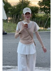 YUEZHONGWEI | Contrast Color Illusion Two-piece Spliced Round Neck Short Sleeve T-shirt