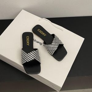 Large Size Womens Slippers French Drill Flat Bottom Square Head Sandals Casual Style Fairy Wind to Match Skirts