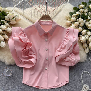 Fashionable French Design Womens Shirt with Lotus Leaf Trim New Summer Style Versatile Open-Neck Top for Birthday Parties