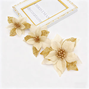 10Pcs Glitter Artificial Flower Fake Flower Christmas Xmas Tree Decoration for Home Deco Wreath Ornaments Happy New Year Gift