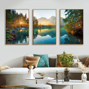3PCS Nature Sunshine Forest Lake Poster Print Wall Art Landscape Pictures Canvas Painting for Living Room Home Decor Frameless