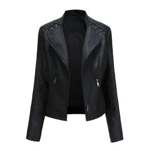 WuChu Women Fashion Lace-up Leather Jacket Slim Fit Spring Autumn Motorcycle Zipper Jacket