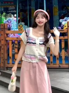 FRAN Summer Short Sleeved Knitted Top Women Button Printed T-shirt Blouse