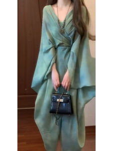 Retro Printed Tie Dye Dress with Camisole Two Piece Set Long Sleeve V Neck Cotton Vintage Style Fashionable Winter Outfit