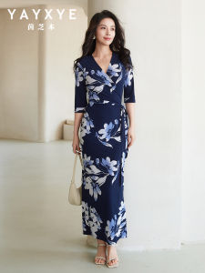 Elegant V-Neck One-Piece Wrap Dress Womens Slimming Long Skirt High-End Feelings Chinese Style Polyester Spandex Blend Casual Wear