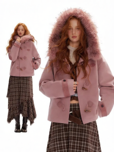 unifree | Áo Khoác Tweed Có Mũ Phấn Hồng Đính Da PU Nút Sừng Phong Cách Học Đường Ngắn và Oversized