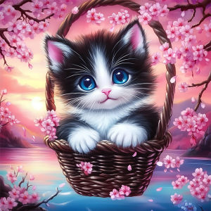 Huacan 5D Diamond Painting Cherry Blossom Basket Kitten Diamond Mosaic Animal Flower Full Decorative Paintings