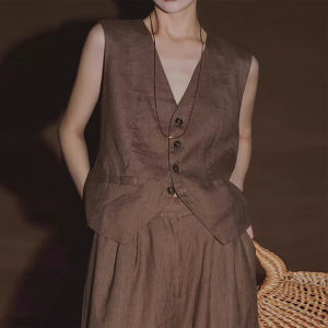 French Vintage High-End Linen Vest 2025 New Style Slimming Sleeveless Womens Fashionable Top Buttoned Short V-Neck Single-Buckle