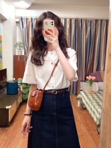 French Style Stripes Peter Pan Collar Short Sleeve Shirt Womens Summer Stylish Niche Loose Easiest for Match Super Nice Chic Tops