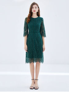 Fashion plus Size Womens Green Lace Three Quarter Sleeve A-Line Dress Spring Autumn Cotton Polyester round Neck Zipper Butterfly Knot