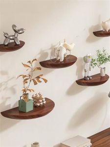 Nordic Style Wall Mounted Solid Wood Half Circle Shelf Decorative Living Room TV Wall Storage Organizer Kitchen Cleaning Cloth Rack