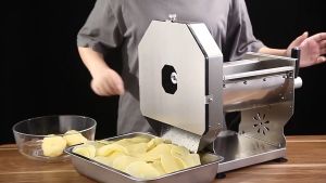 เครื่อฃสไลด์ผัก ผลไม้ เครื่องหั่นผักไฟฟ้า เครื่องหั่นผลไม้เชิงพาณิชย์ ปรับความหนาได้ 0-10 มม. สเตนเลสสตีล สำหรับมะนาว มันฝรั่ง หัวหอม มะเขือเทศ