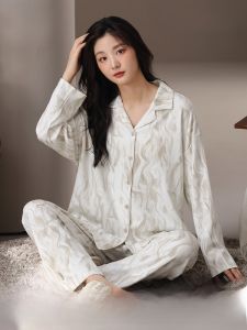 MiiOW | Áo ngủ cotton nguyên chất cho nữ Áo len cardigan dài tay thoải mái mặc ở nhà Bộ đồ ngủ mùa thu đông MiiOW Phong cách đơn giản