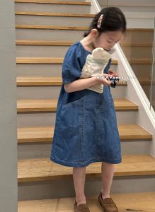 Bora Childrens Dress Girls Denim Skirt Thin Fashionable Summer Clothes Korean Style A-Line Skirt Short Sleeve Solid Color
