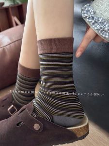 Brown Striped Womens Socks Autumn Winter 2025 New Style Bulk Socks Cotton Material Spring Summer Match with Small Leather Shoes