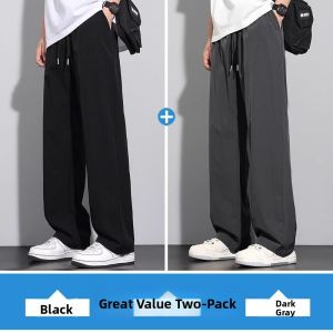Summer Casual Ice Silk Thin Mens Long Pants Loose Straight Leg Sporty Feel Lightweight Breathable Fashionable Black Trousers