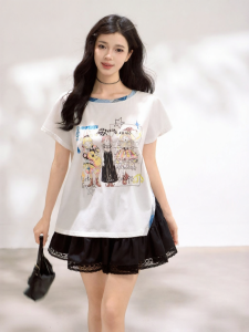 KEIKO | Sweet and Cool Style Music Girl Print Contrast T-Shirt