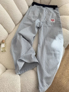 Blue Heart Embroidery Vertical Stripes High Waist Straight Leg Pants American Retro Design Sense Wide Leg Pants Casual Trousers