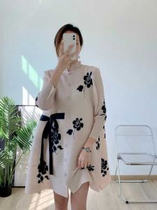 Chic Floral Print Jacket Belted Stand Collar Pleated Anti-Aging Spring Summer New Arrival plus Size Womens Korean Style Dress