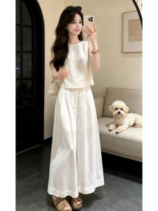 LIRUSHAN | Trendy Summer White Sleeveless Top Wide Leg Pants Set