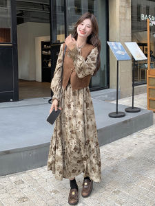 Floral Print Dress And Vest Set Women Early Autumn 2025 Super Popular Anti-Aging High-End Feeling Two-Piece Set French Style