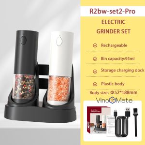 Kitchen Electric Pepper Grinder USB Powered Salt or Pepper Automatic Grinder with LED Light | Electric Pepper Grinder|Pepper Grinder | R2bw-set2-Pro