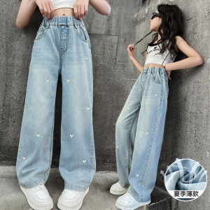 New Summer Girls Jeans Lightweight And Breathable Style Small Hearted Embroidery Mosquito-proof Pants For 4-14 Years Teen Girls