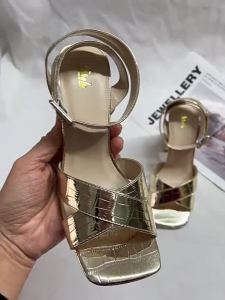 LJLow-Top Hollow out Stone Pattern Sandals with Buckle Fashionable Chunky Heel Gold Womens Shoes Open-Toe Party Shoes