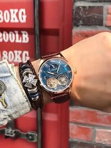 AILANG | AILANG PD-8822 Mens Automatic Mechanical Watch Double Tourbillon Design Business Fashion Moon Phase Wristwatch with Leather