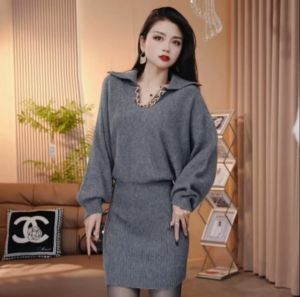 Đầm Knit Túi Dơi Vòng Cổ V Siết Eo Giảm Mỡ
