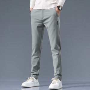 Men Casual Pants Waist Stretch Silm Drape Business Trousers Thick Pants Mens Fall and Winter Fleece-lined Pants