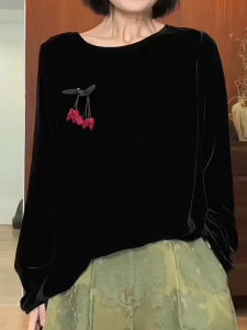 SUOXIMENG | Large Size Black Velvet Cherry Pendant Round Neck Top Womens Fashion Trend Ageless Spring Autumn New Style Commute Style