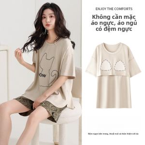 MiiOW | Bộ đồ ngủ cotton nguyên chất cho nữ MiiOW mùa hè 2025 Áo cổ tròn tay ngắn Quần short Bộ đồ mặc nhà đơn giản thoáng khí