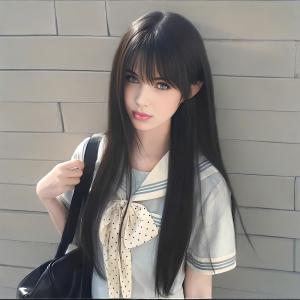 Wig Female Long Hair Lolita Natural Air Bangs Black Long Straight JK Full Headgear