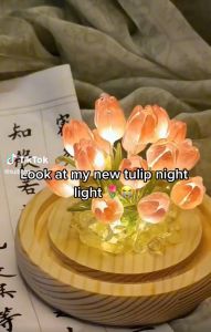 FR DIY Tulip Night Light DIY Cute Flower Night Light Handmade Gifts Simulation Flower Bedroom Sleeping Lamp Glass Flowers Decor Lamp for Women Birthday Anniversary Valentines Day Gift Christmas Gift Halloween Gift