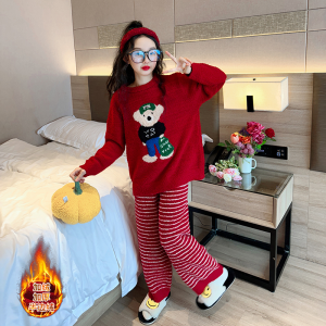 2025 Snake Year Childrens Pajamas Coral Fleece Thickened Home Clothes Red Set Long Sleeve round Neck Cartoon Single Button
