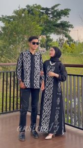 Gamis Couple Tenun Kondangan Prewedding Shasya Hitam - Baju Couple Keluarga - Set Kemeja Tenun