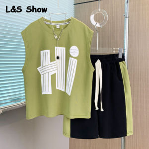 LS Show เสื้อยืดสำหรับเด็กผู้ชายเซ็ตกางเกงขาสั้นทรงหลวมพิมพ์ลายตัวอักษรสำหรับใส่เล่นกีฬาฤดูร้อนเสื้อกั๊กแขนกุด
