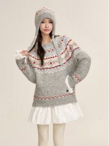 Christmas Retro Fair Isle Knitted Loose Sweater for Women Overhead Floral Pattern Long Sleeve round Neck Pullover Winter Top
