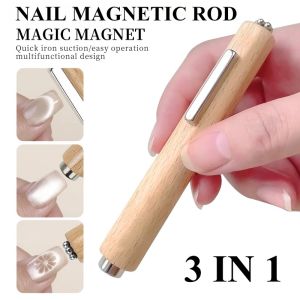 3-in-1 Wood Handle Nail Magnetic Rod Stick for Cat Eye UV Gel Polish Painting Strong Thick Cylindrical Magnet Pen Stick
