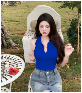 chaqi | Pink Knitted Vest Women Summer Sleeveless Short Style Slim Fit V-neck Hanging Neck Knit Small Strap Top Hong Kong Flavor