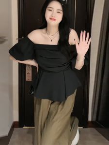 Plus Size French Chic Design Womens Shirt Summer Fat Burning Slim Fit One Word Collar Pullover Short Sleeve Work Clothing