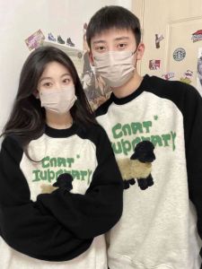 Loose Fit Mens Hoodless Sweatshirt Fleece Lined Thickened Autumn Winter Fashion Couple Match Casual round Neck Pullover