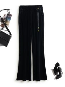 Offline Bestseller Velvet Bell Bottom High Waist Casual Pants Womens Tassel Pendant Elastic Waist Long Trousers Commute Style