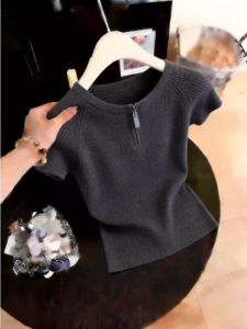 XUECAIQI | Design Slim Fit Short Sleeve Zippered Sweater