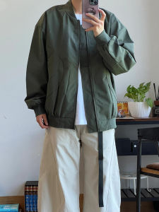 OUMULONG | Áo Khoác Bomber Xanh Quân Đội Mùa Thu Phong Cách Retro Mỹ Đơn Giản