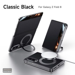 Compatible with for Samsung Galaxy Z Fold 8 Ultra/8/7/6 Wide Case with 360 Spin Magnetic Ring Kickstand Slim Genuine Leather Wallet Flip Case Protective Shockproof Case(Black)