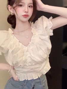FEILUNKAI | Alluring Style Short Shirt Puff Sleeve V-Neck Ruffled Off-Shoulder Waist-Cinching