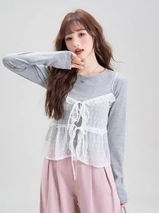 SHANGWEILUO | Bộ Áo Thun Dài Tay Ôm Cổ Tròn Tay Loét Ren
